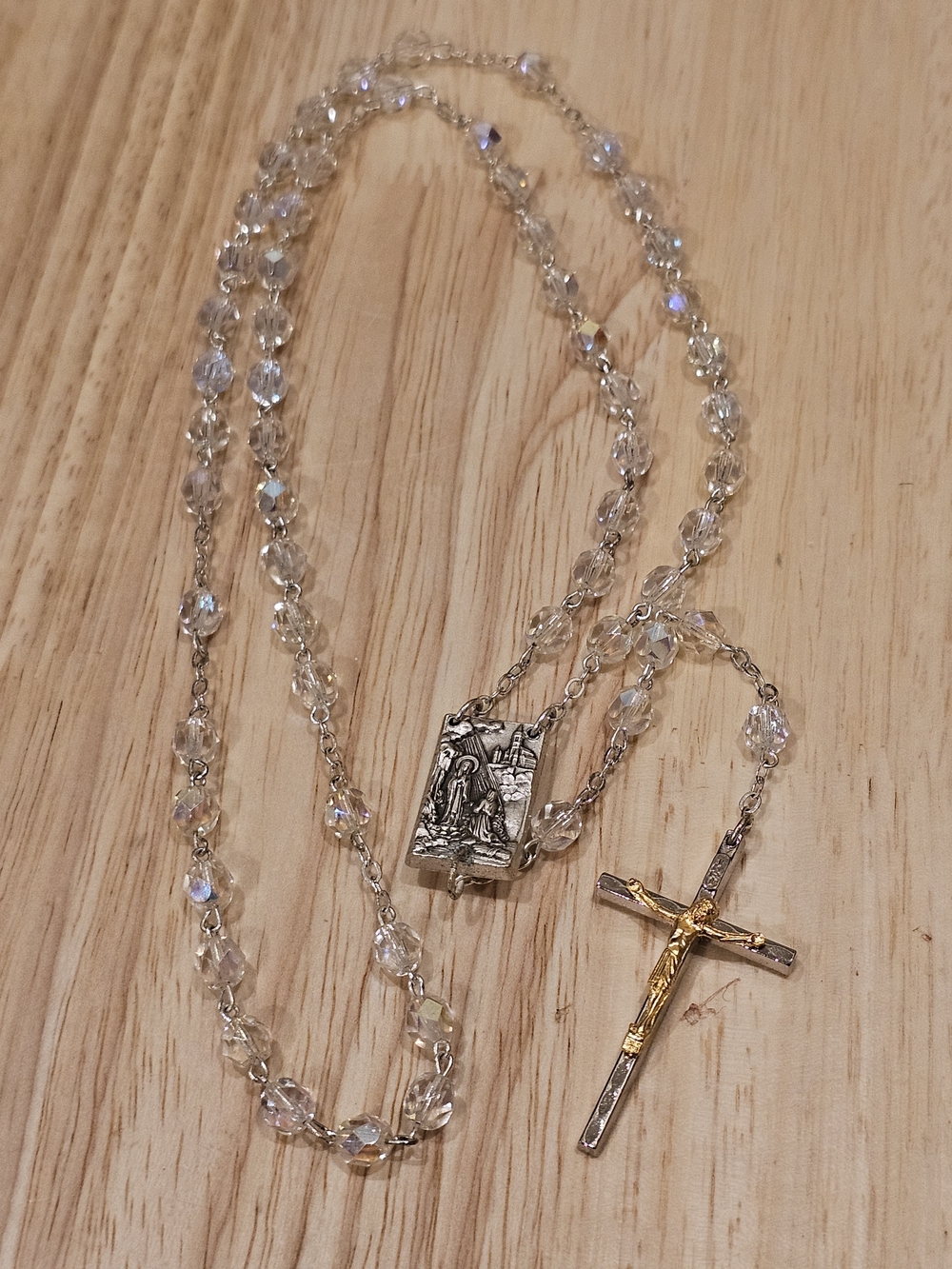 Clear & Gold Beaded Religious Necklace with Crucifix